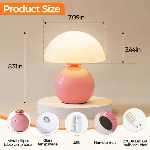 Miniatura 2 de NIORSUN Lámpara de Mesa con Forma de Hongo para Dormitorio, Lámpara de Mesa Portátil Inalámbrica, Lámpara Inalámbrica, Pequeñas Lámparas Táctiles