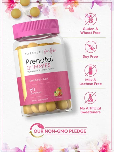 Miniatura 5 de Carlyle Gomitas prenatales con DHA y ácido fólico, 60 gomitas Suplemento multivitamínico y mineral para mujeres Sabor a fruta Sin OMG, sin