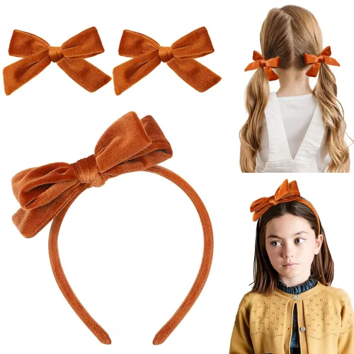DEEKA Banda para la cabeza con lazo de terciopelo marrón naranja y 2 piezas de lazos para el cabello de terciopelo, juego de accesorios para el