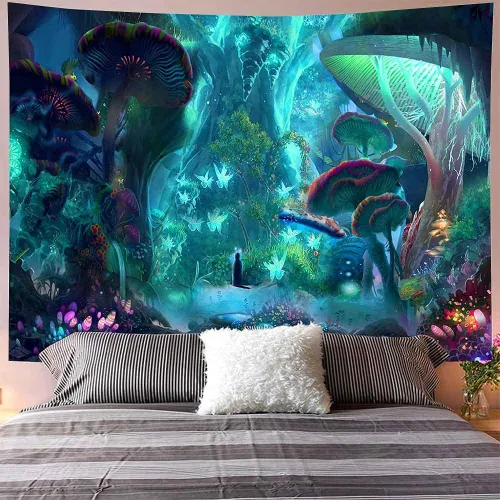 Miniatura 6 de Aidatain Tapiz de planta de hongos del bosque encantado, cuento de hadas, árbol grande, paisaje de selva, para colgar en la pared, de franela grande