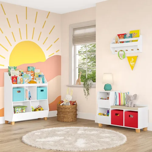 Miniatura 4 de RiverRidge Banco organizador de almacenamiento de juguetes para niños con cubos y cubos de juguetes para sala de juegos, organizador de cubos