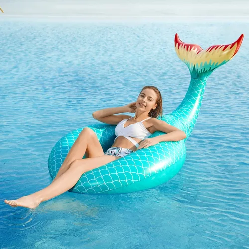 Miniatura 3 de Jasonwell Flotador inflable gigante de cola de sirena con válvulas rápidas, flotadores de piscina, tubo de verano, playa, piscina, fiesta, balsa