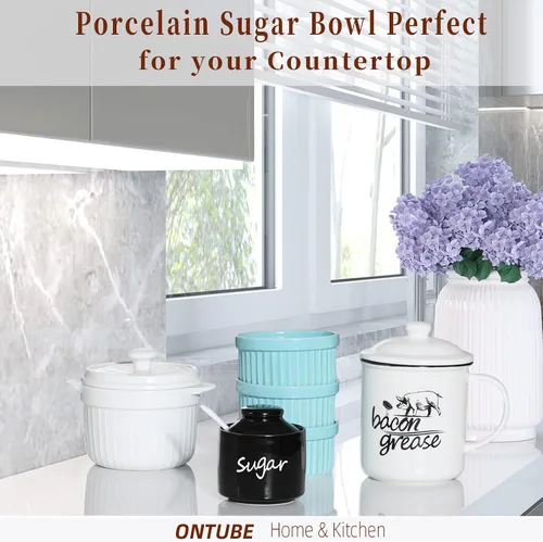 Miniatura 5 de ONTUBE Azucarero de cerámica con tapa y cuchara, tarro de azúcar de porcelana, 8oz (Negro)