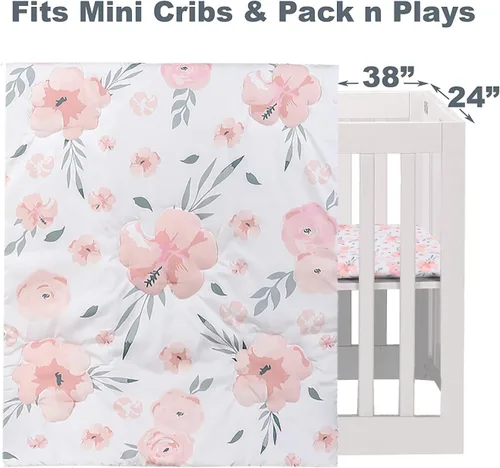 Miniatura 3 de PINNKKU Juego de ropa de cama de cuna de 3 piezas para niños y niñas, incluye falda de cuna, manta, sábana, ropa de cama de bebé, floral, tamaño mini