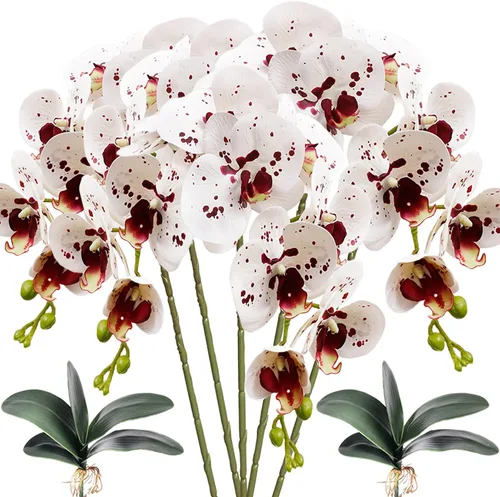 Miniatura 9 de HinyoCo 5 piezas de orquídeas artificiales y 2 paquetes de hojas, flores artificiales de Phalaenopsis de 32 pulgadas para decoración del hogar