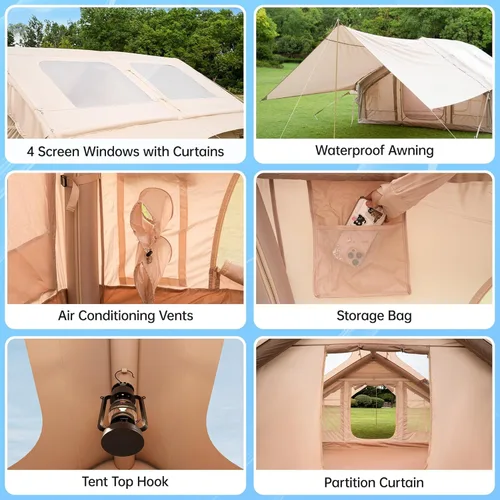 Miniatura 2 de Tienda de campaña inflable con bomba y 1/2 toldos, tiendas de campaña de aire para 8 a 14 personas para acampar adultos, tienda de campaña grande