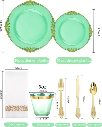 Miniatura 2 de Hioasis 350 platos de plástico verde y dorado, platos de fiesta verdes para 50 invitados, incluyen 100 platos resistentes