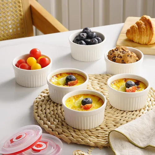Miniatura 5 de Dafuceramic Ramequines con tapas, de 8 onzas, color blanco, creme Brulee, moldes de cerámica aptos para horno, juego de 6 natillas de porcelana