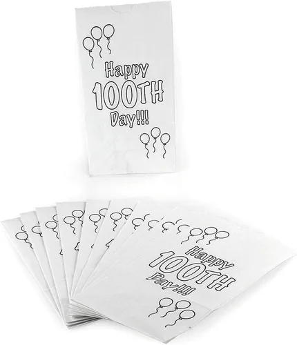 Miniatura 3 de Hygloss Productos Bolsas de papel Happy para celebrar el 100º día de actividades de arte y manualidades, aptas para alimentos, tamaño 4# -5 x 3 x