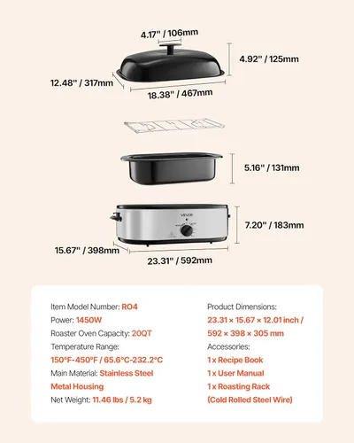 Miniatura 7 de VEVOR Horno tostador, bandeja eléctrica de tostado de 20QT, horno de pavo de cocción rápida con temperatura ajustable de 150-450℉, horno de pavo