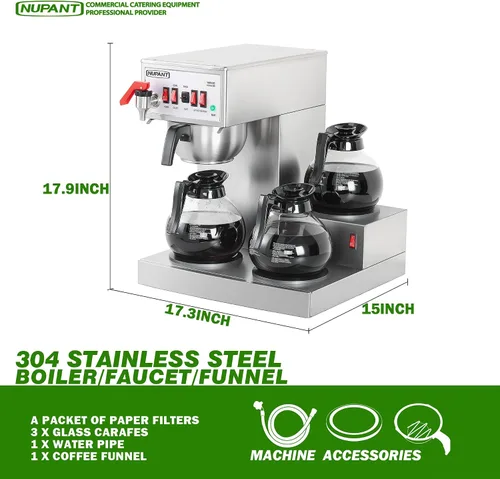 Miniatura 6 de NUPANT Cafetera Comercial de 12 Tazas, Cafetera Automática de Goteo con Relleno Automático y 3 Jarras de Vidrio, 3 Calentadores, Cafetera de Acero