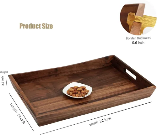 Miniatura 2 de Bandeja otomana rectangular curvada de madera de nogal negro de 22 x 14 pulgadas con asas, sirve té, café, bandeja decorativa de madera clásica