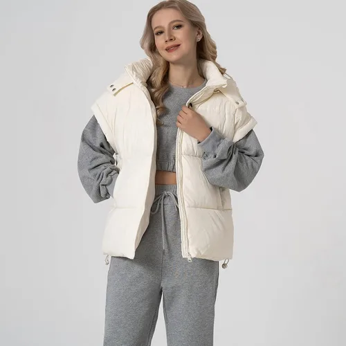 Miniatura 3 de Shiyifa Chaleco acolchado para mujer, chaqueta de gran tamaño, sin mangas, ligera, con cremallera, con capucha desmontable