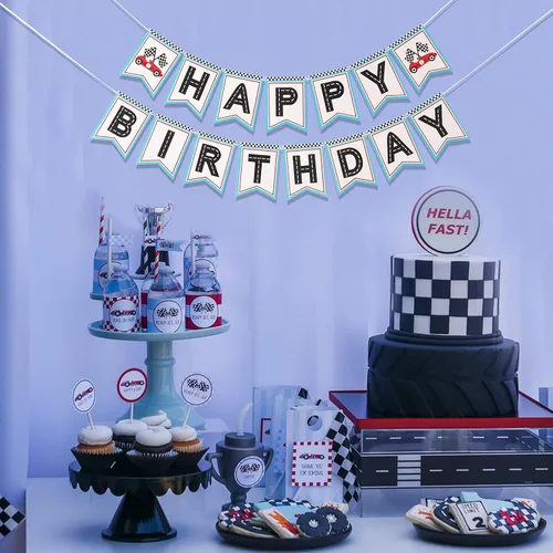 Miniatura 5 de Retro Happy Birthday - Decoración de fiesta temática de carreras, pancarta de cumpleaños para fanáticos de las carreras