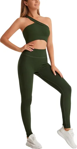 Miniatura 3 de Yknktstc Conjuntos de entrenamiento para mujer brasier deportivo acanalado sin costuras traje de 2 piezas cintura alta gimnasio yoga leggings