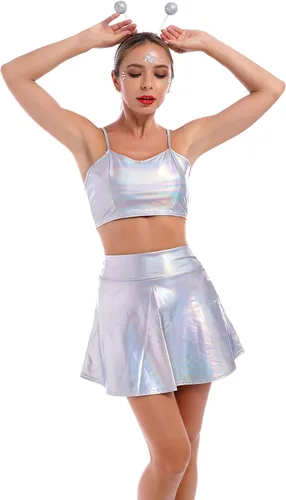 Miniatura 5 de Top corto holográfico metálico brillante con hombros descubiertos para mujer, blusa de tubo para rave, casual, sin tirantes, chaleco básico sexy