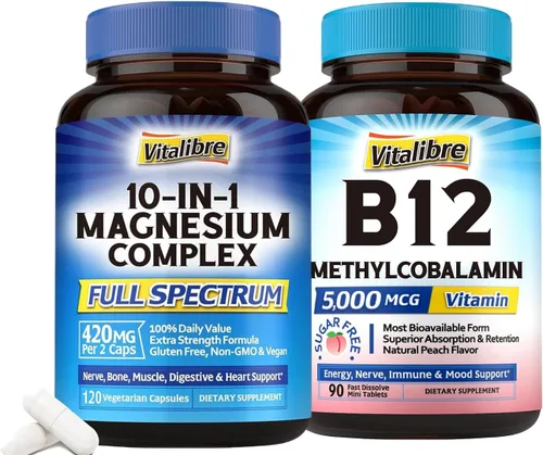 Complejo de magnesio 10 en 1, 120 cápsulas veganas y vitamina B12 sublingual 5000 mcg, 90 mini tabletas de disolución rápida
