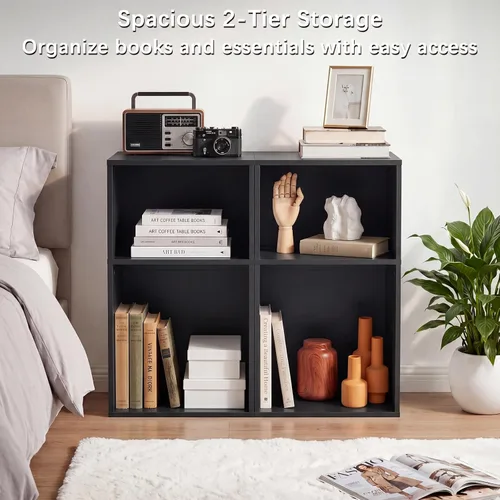 Miniatura 7 de YAHARBO Estantería de 2 cubos, soporte para tocadiscos negro con almacenamiento de vinilo de hasta 100 álbumes, estante horizontal para libros