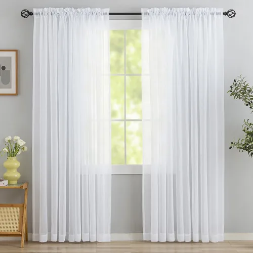Miniatura 68 de Cortinas para ventana cortinas blancas traslúcidas de 90 pulgadas de largo, 2 paneles de cortinas de tul, paneles de ventana para cortinas de Blanco