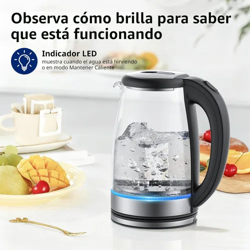 Miniatura 5 de Hervidor eléctrico de vidrio de 2 L, 1500 W, hervidor de agua caliente de ebullición rápida con apagado automático, luz LED, sin BPA, vidrio