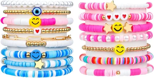 Abitoncc Preppy Heishi - Juego de pulseras de surfista para niñas adolescentes, bonitos aretes estéticos, anillos estéticos preppy coloridos de oro