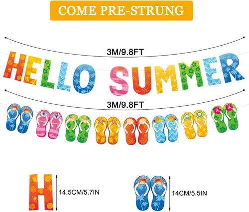 Miniatura 2 de Cartel de Hello Summer y colorido banner de verano hawaiano tropical playa piscina sandalias guirnalda banner verano vacaciones fiesta cumpleaños