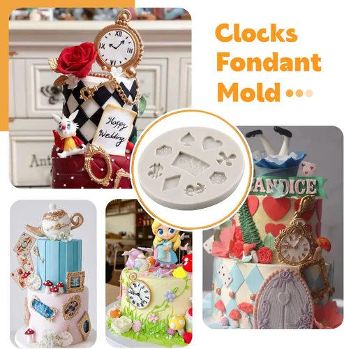 Miniatura 4 de Sijiangmold Moldes de silicona de póquer, molde para sombrero de Alicia de las maravillas para fondant, molde vintage para reloj, naipes