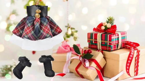 Miniatura 3 de E-TING Santa Clothing - Vestido a cuadros rojo y azul con botas para decoración navideña de muñeca elfo