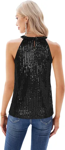 Miniatura 4 de GRACE KARIN Camisetas halter de lentejuelas para mujer, sin mangas, brillantes, fruncidas, fluidas, brillantes, para club, camisa de fiesta