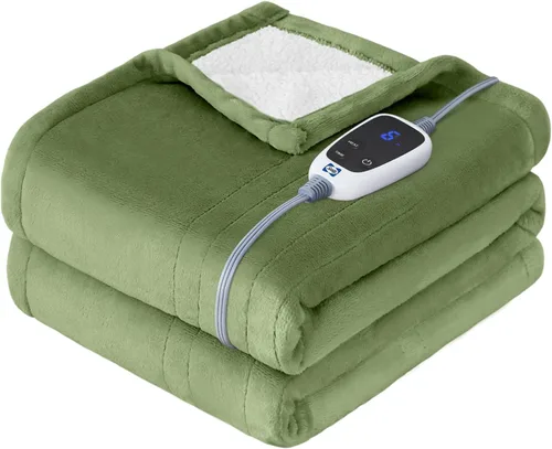Miniatura 13 de Manta eléctrica SEALY tamaño King, manta térmica de franela y Sherpa con 10 niveles de calor y apagado automático de 1-12 horas, manta cálida