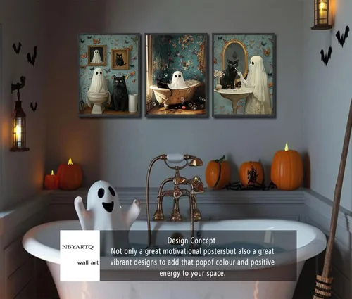 Miniatura 5 de NBYARTQ Pósteres de Fantasmas de Halloween Arte de Pared Juego de 3 Impresiones de Terror Espeluznante Academia Oscura Fantasma y Gato Negro