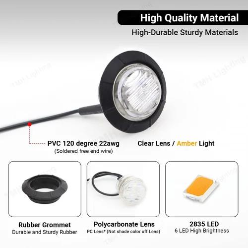 Miniatura 3 de TMH Luces indicadoras de marcador lateral ámbar de 1-1/4 pulgadas, redondas, 6 luces LED de bala transparente para camión, autobús, caravana, Lente