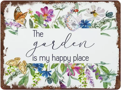 AOLDHYY - Letrero de arte vintage con texto en inglés «The Garden is My Happy Place», letrero de jardinería para el hogar, diseño de flores y flores