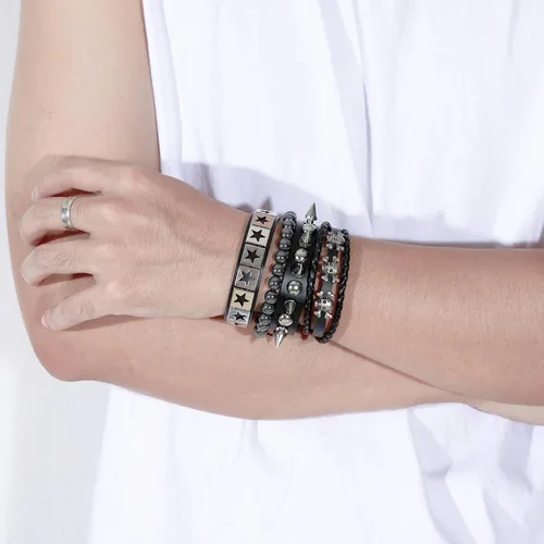 Miniatura 2 de MILAKOO Juego de 4 pulseras de estilo gótico con hebilla de calavera y estrella, ajustable, joyería punk vintage