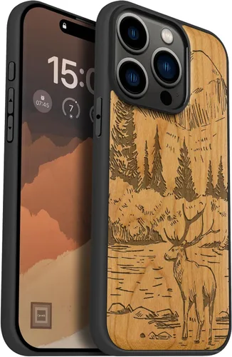 Carveit Funda magnética de madera para iPhone 15 Pro, compatible con cargadores inalámbricos MagSafe, funda negra de TPU suave a prueba de golpes y