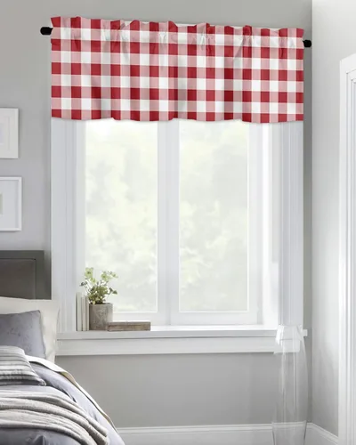 Miniatura 4 de Cortina de cenefas de granja para cocina, cafetería, moderna cenefa de ventana a cuadros rojos y blancos, cortinas cortas de 42 x 12 pulgadas
