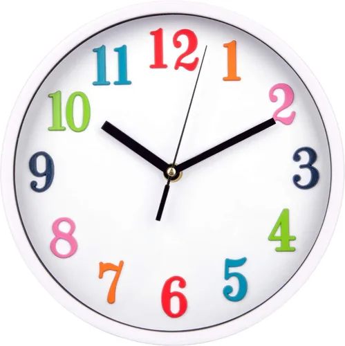 Jucoan Reloj de pared colorido de 10 pulgadas para niños, silencioso sin tictac, funciona con pilas, reloj redondo decorativo para dormitorio de