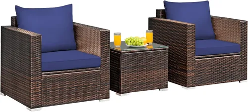 Miniatura 10 de COSTWAY Juego de muebles de patio de 3 piezas, sofá de mimbre para exteriores con cojines y mesa de centro con vidrio templado, juego moderno de Rojo