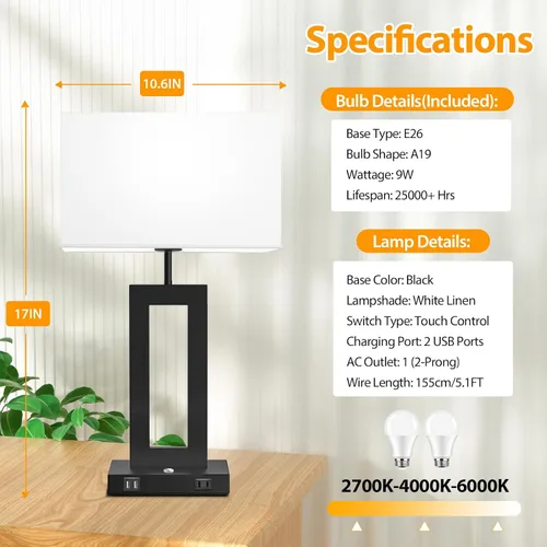 Miniatura 5 de Kondras Juego de 2 lámparas de mesa para dormitorios, 3 temperaturas de color, control táctil, lámparas de noche con 2 puertos USB y salida de CA