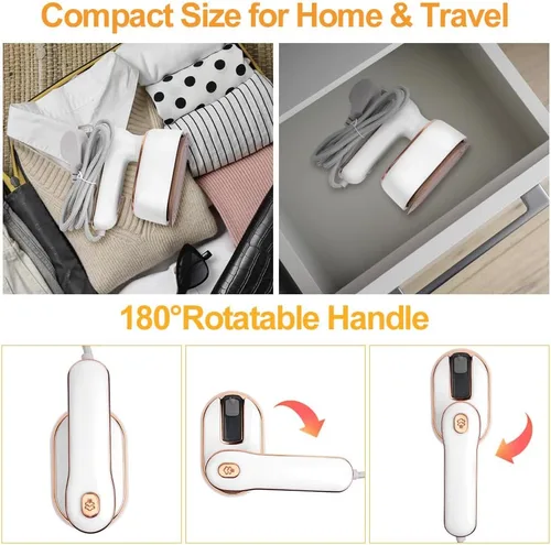 Miniatura 6 de AUAUY Mini plancha de vapor, plancha de vapor portátil de 1000 W, mango giratorio de 180° que convierte la plancha en vapor de mano, calentamiento