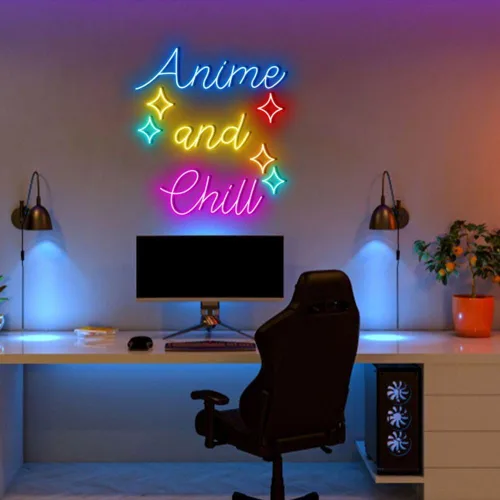 Miniatura 2 de Letreros de neón personalizados de Anime and Chill para decoración de pared, letrero de luz LED rosa para sala de juegos, fiesta, bar, tamaño: 18
