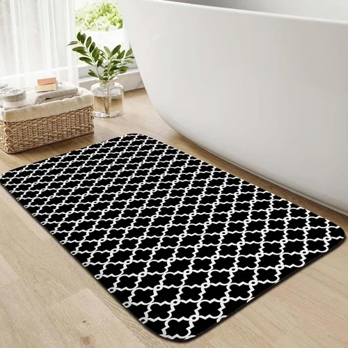 JAWO Tapete de baño blanco y negro, de franela con enrejado marroquí, antideslizante, para cocina, ducha, bañera, fregadero, (16 x 24 pulgadas)