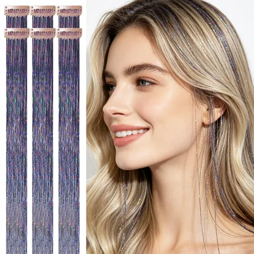 Miniatura 37 de Celinebella 6 extensiones de cabello con clip de mezcla de color rojo, plateado y azul, 6 unidades, resistentes al calor, para mujeres, 17-Azul