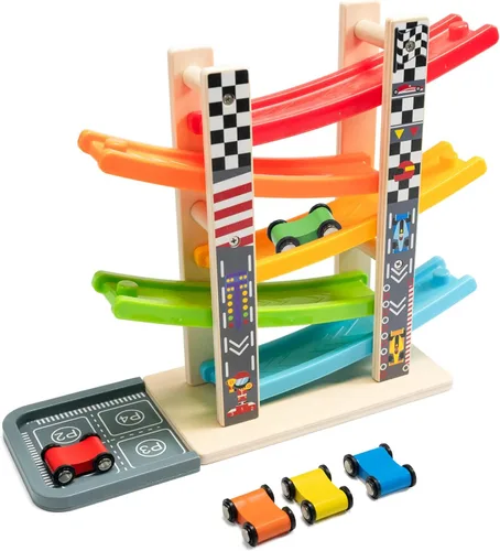 Miniatura 10 de Wood City Set de Juguetes de Rampa y Carrera de Coches de Madera con 4 Coches en Miniatura y Pistas de Carrera, Juguetes para Niños de 1, 2, 3 Años