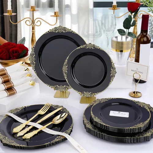 Miniatura 4 de Realluck 350 piezas platos de plástico negro y dorado, juego de vajilla de plástico para 50 invitados, 100 platos desechables, 150 cubiertos, 50