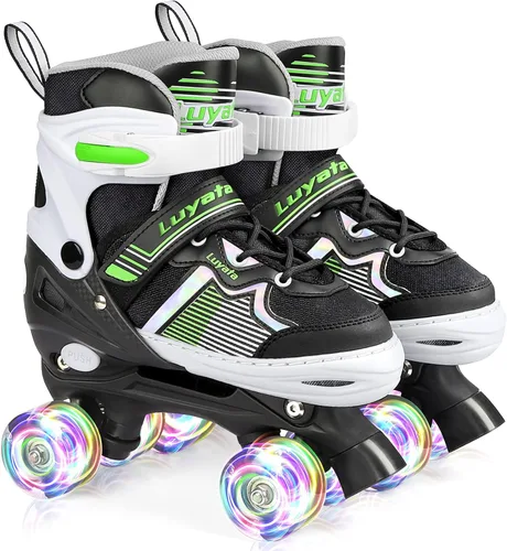 Luyata Patines ajustables para niñas y niños, 4 tamaños de 6 a 12 y 3 a 5 años, patines para niños con 8 ruedas brillantes que se iluminan, 3 Negro