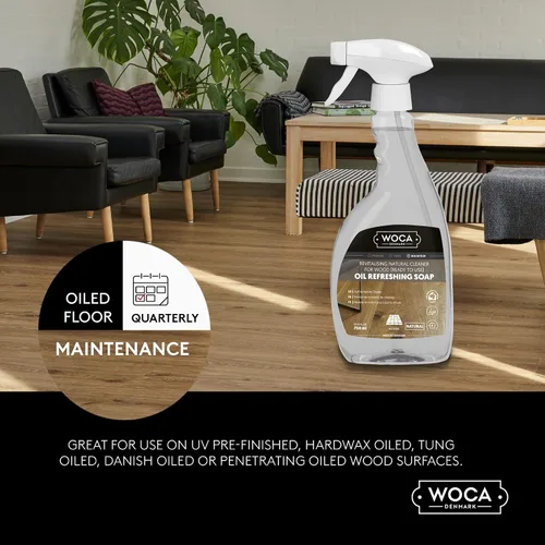 Miniatura 3 de WOCA Aerosol de jabón refrescante de aceite de Dinamarca Natural – Limpiador y rejuvenecedor listo para usar para suelos de madera aceitada blanca