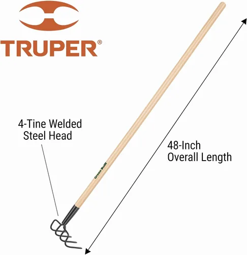 Miniatura 2 de Truper GreenBuilt Cultivador soldado de 4 dientes, mango de madera dura encerada de alta calidad, herramienta de aireación y deshierbe de alta