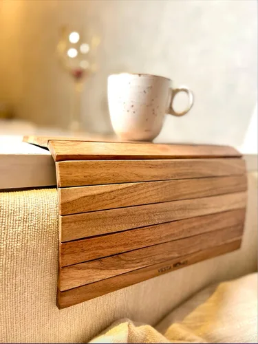 Miniatura 7 de Vesta Homes Bandeja para reposabrazos de sofá, madera de acacia premium, bandeja de sofá flexible y plegable, mesa de brazo y reposabrazos, adecuada