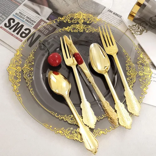 Miniatura 8 de Nervure 175 platos de plástico negro transparente, juego de vajilla de plástico dorado para 25 invitados, incluye 50 platos desechables, 75
